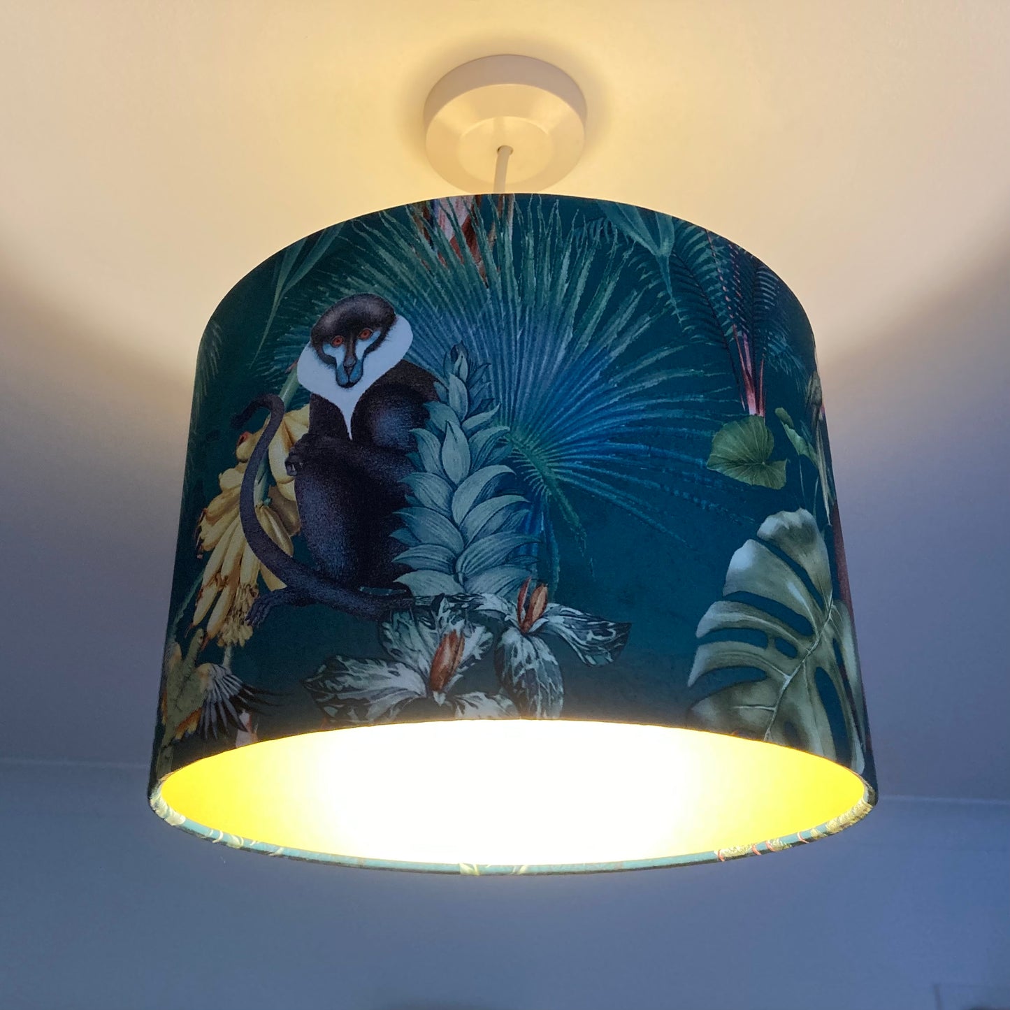 Tropical Teal Fabric Lampshade with Monkeys and Palm Leaves