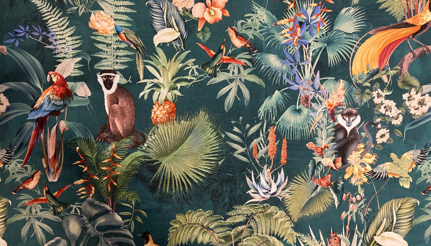 Tropical Teal Fabric Lampshade with Monkeys and Palm Leaves