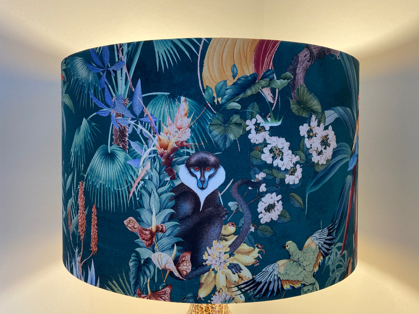 Tropical Teal Fabric Lampshade with Monkeys and Palm Leaves