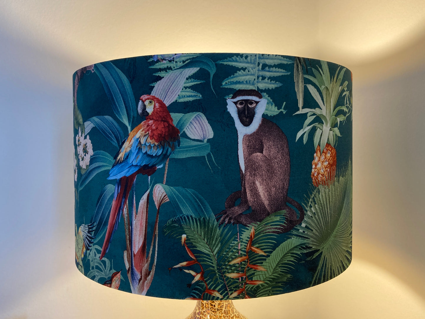 Tropical Teal Fabric Lampshade with Monkeys and Palm Leaves