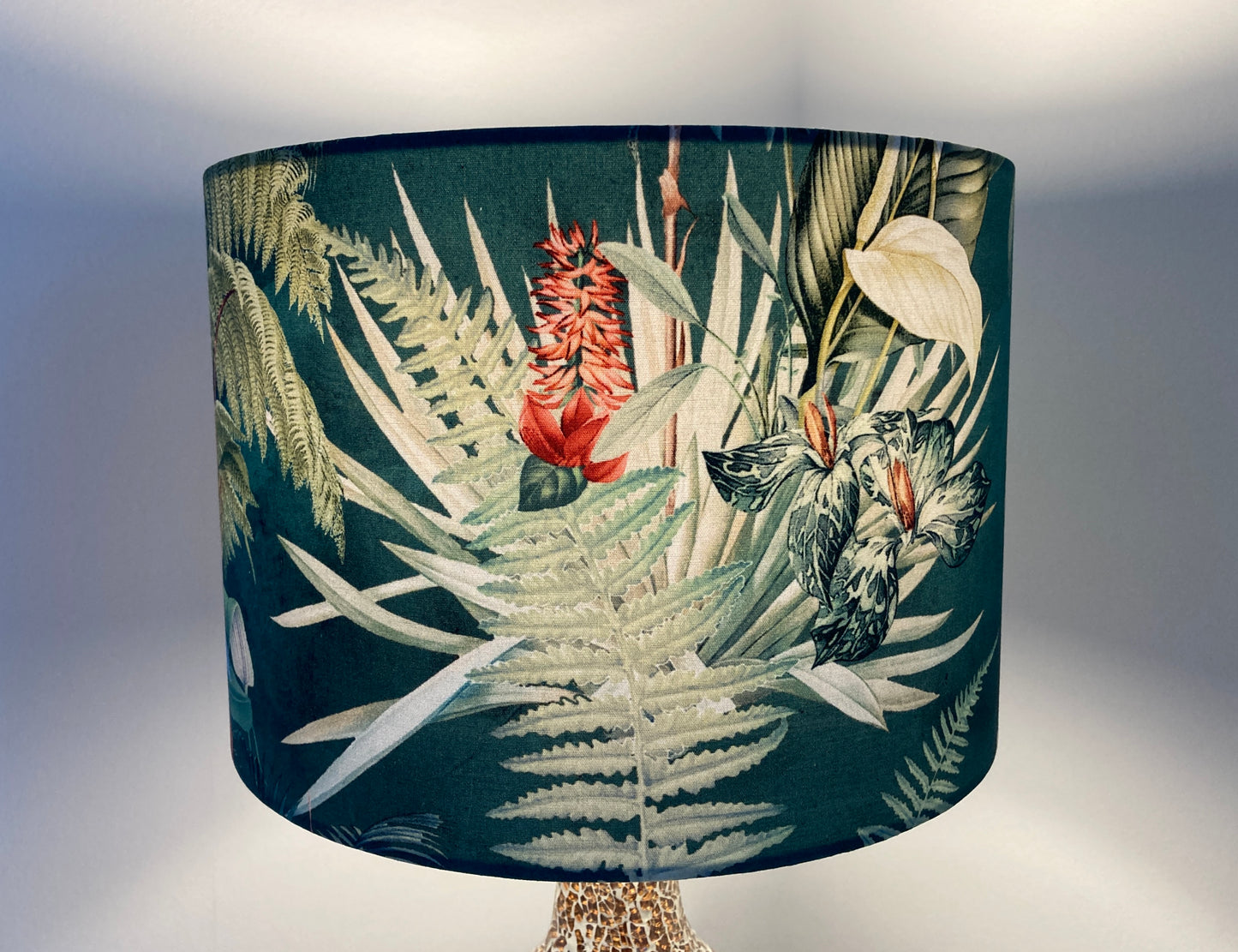 Tropical Teal Fabric Lampshade with Birds and Palm Leaves