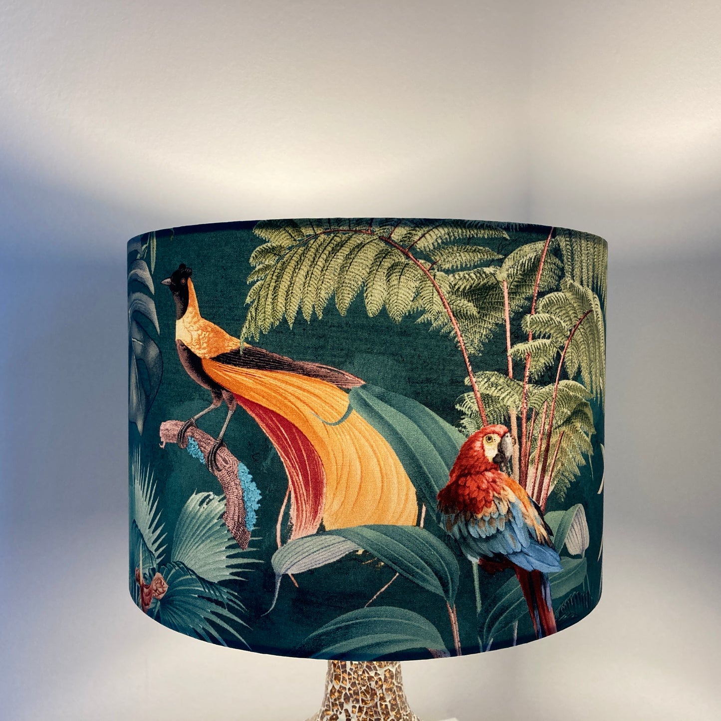 Tropical Teal Fabric Lampshade with Birds and Palm Leaves