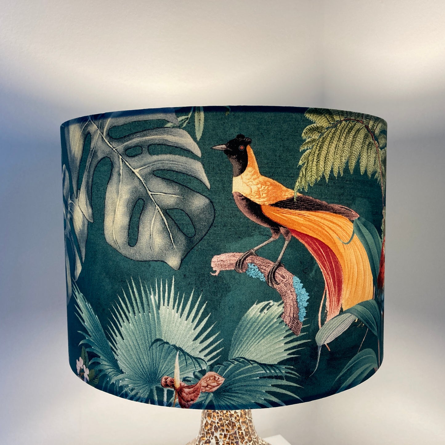 Tropical Teal Fabric Lampshade with Birds and Palm Leaves