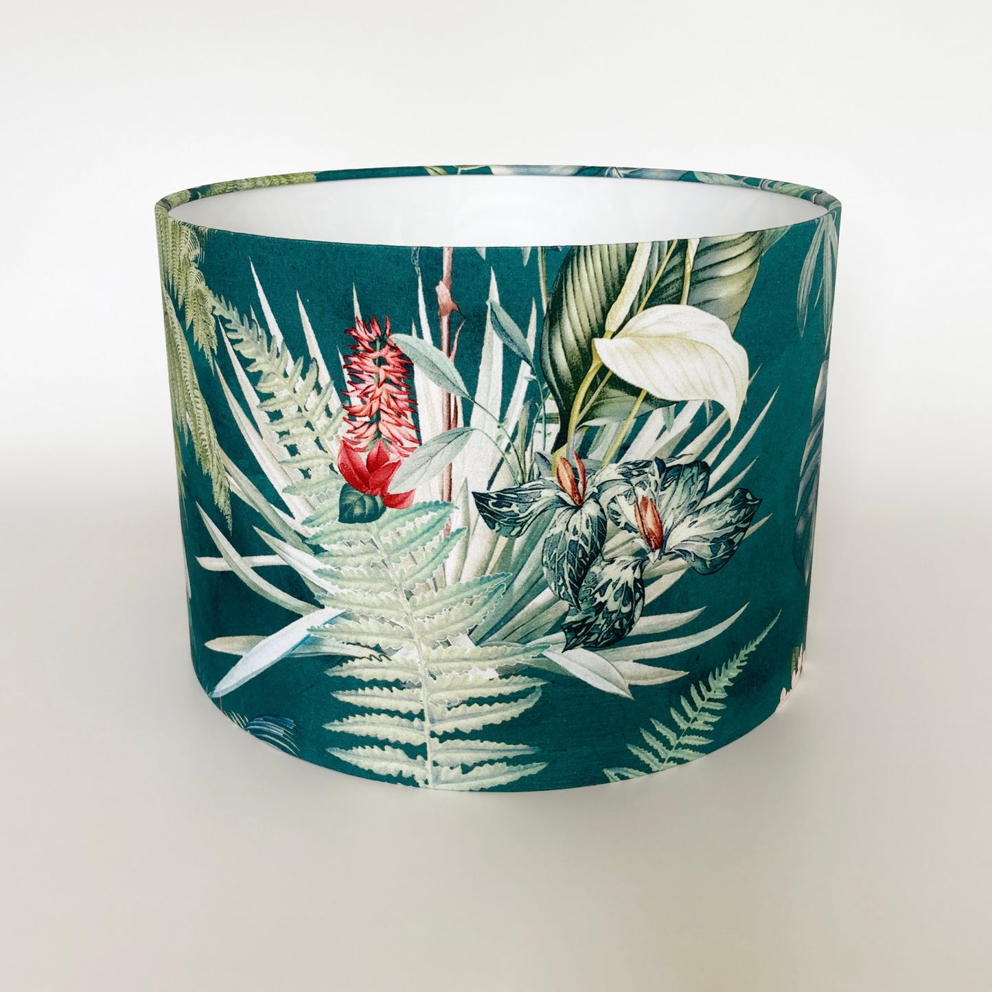Tropical Teal Fabric Lampshade with Birds and Palm Leaves