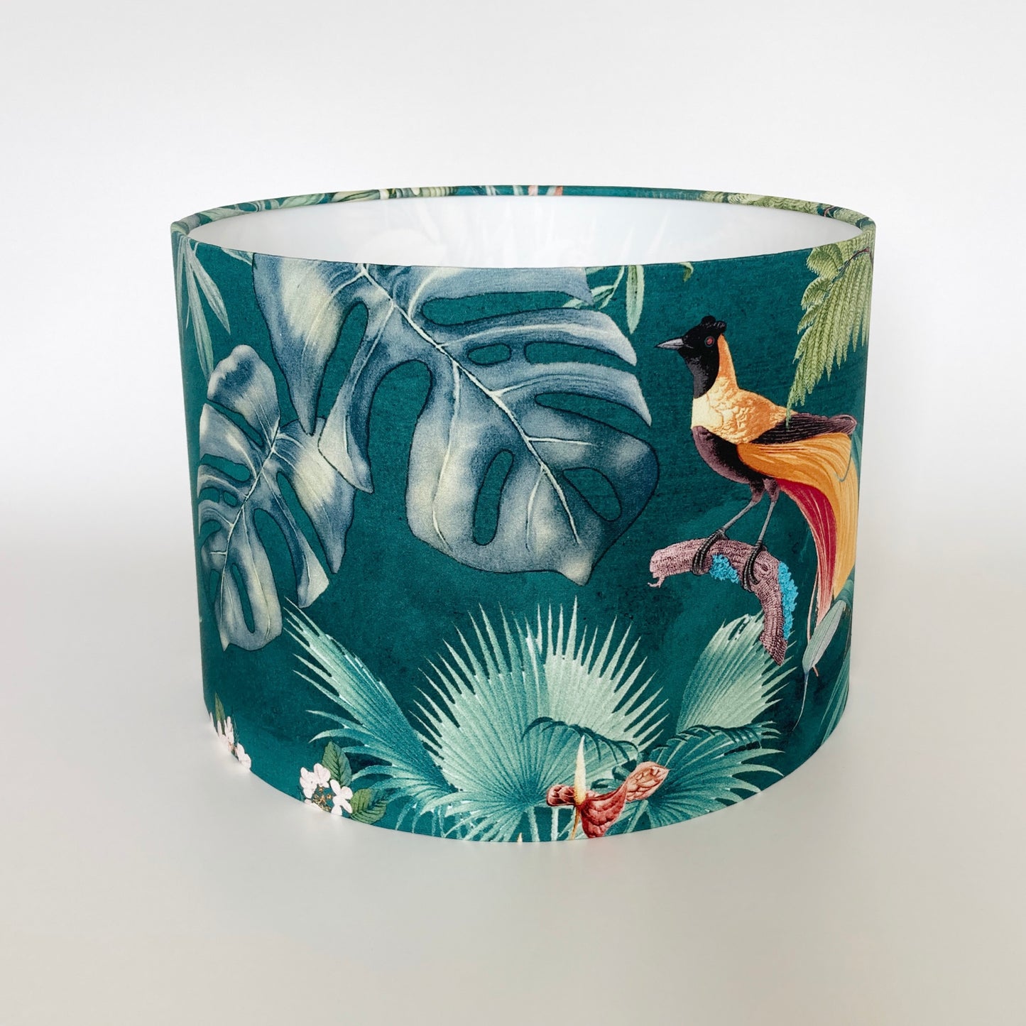 Tropical Teal Fabric Lampshade with Birds and Palm Leaves