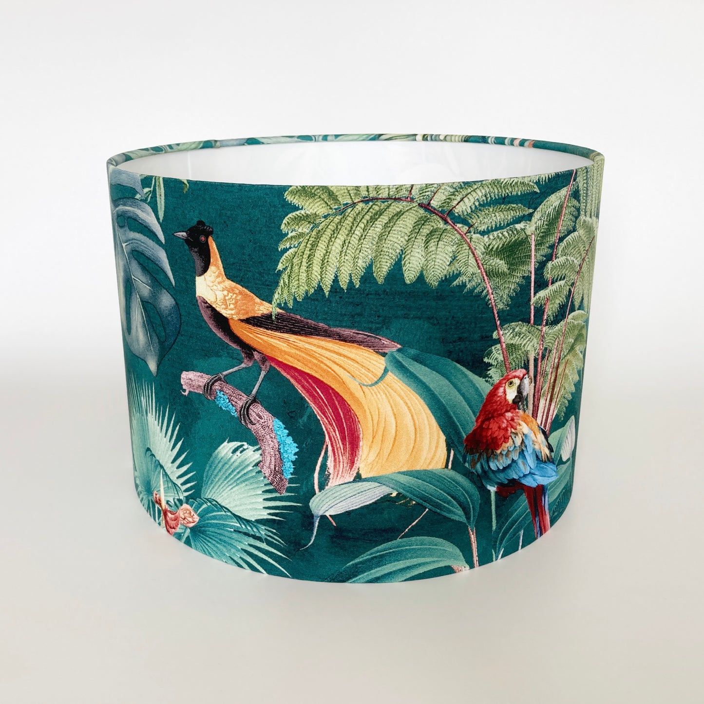 Tropical Teal Fabric Lampshade with Birds and Palm Leaves