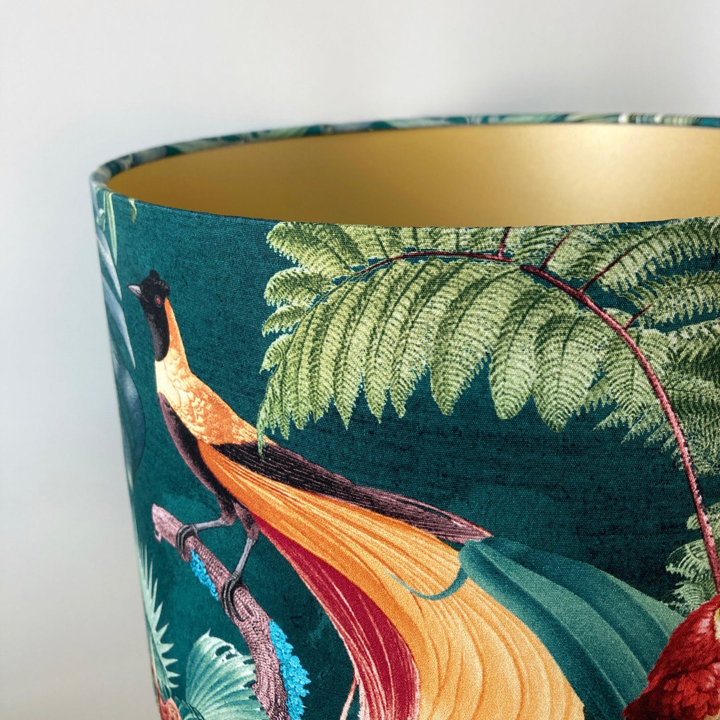 Tropical Teal Fabric Lampshade with Birds and Palm Leaves