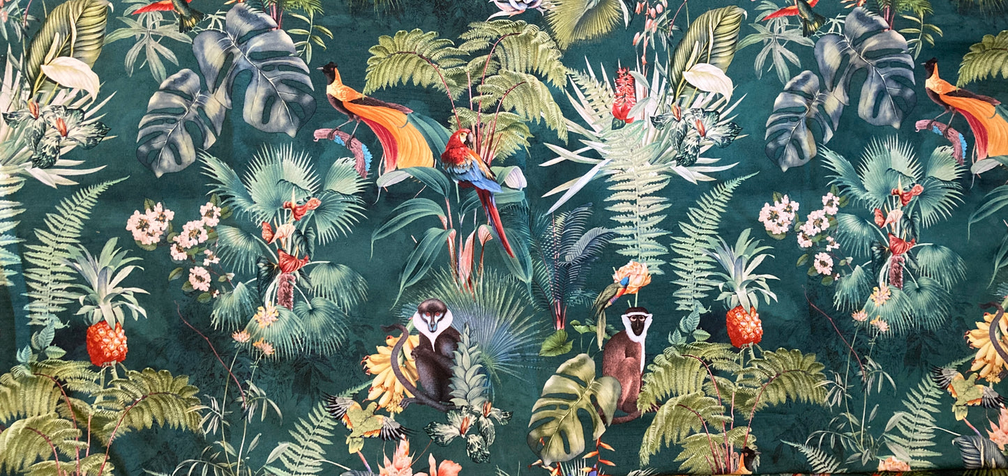Tropical Teal Fabric Lampshade with Monkeys and Palm Leaves