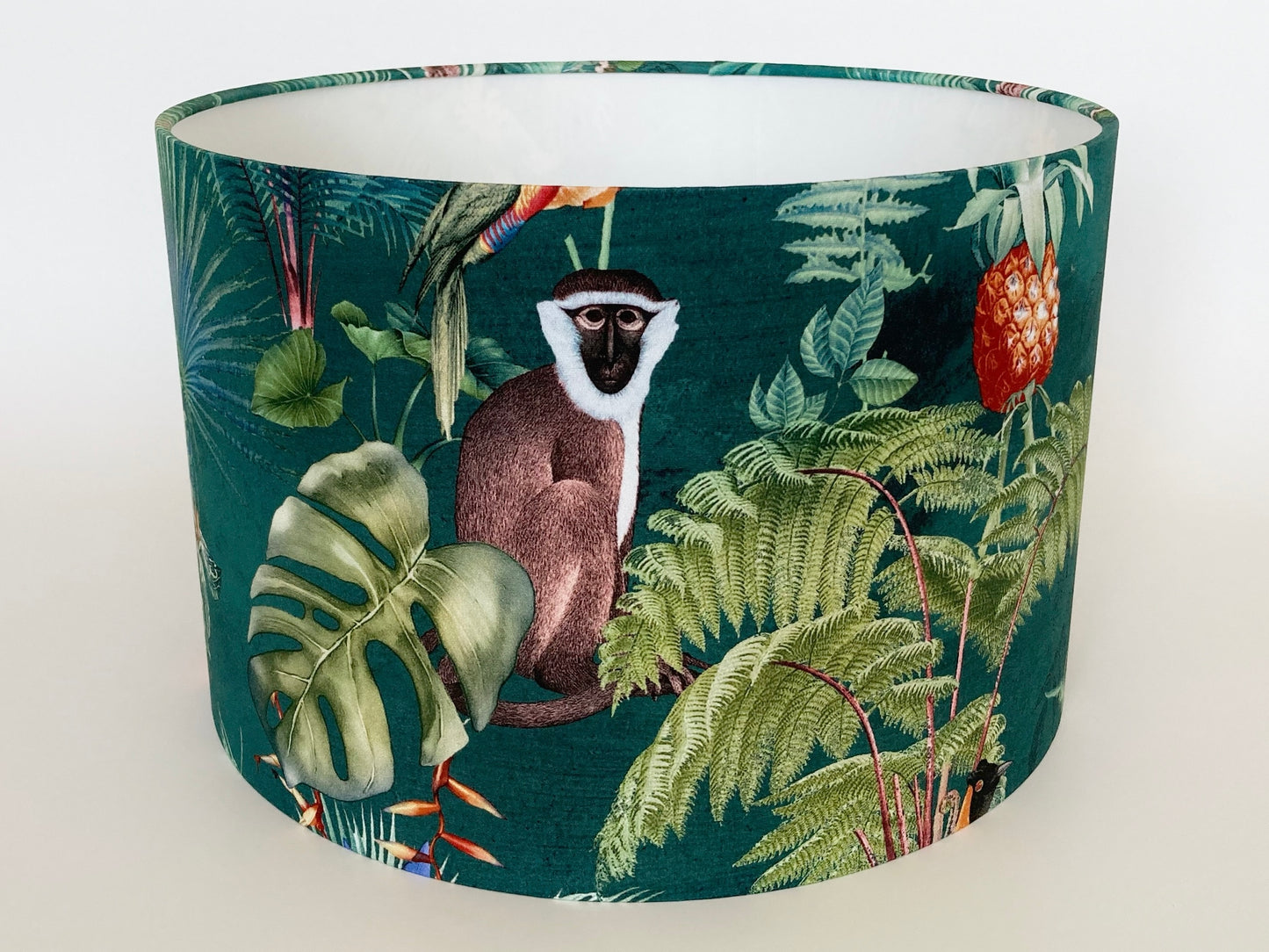 Tropical Teal Fabric Lampshade with Monkeys and Palm Leaves