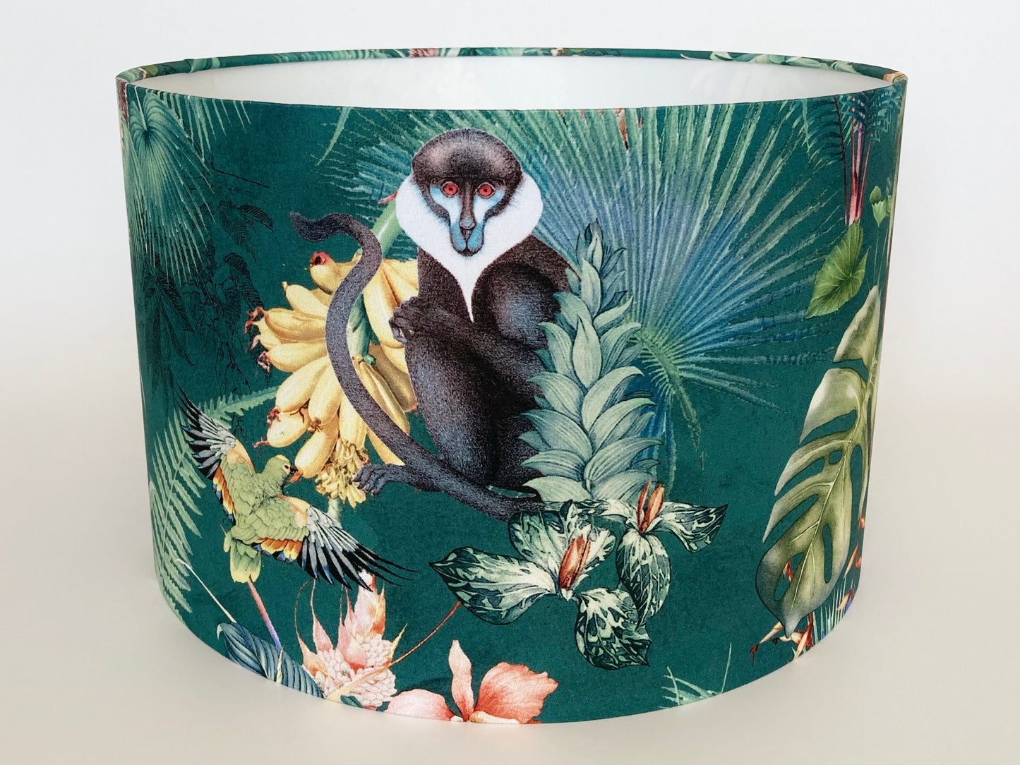 Tropical Teal Fabric Lampshade with Monkeys and Palm Leaves