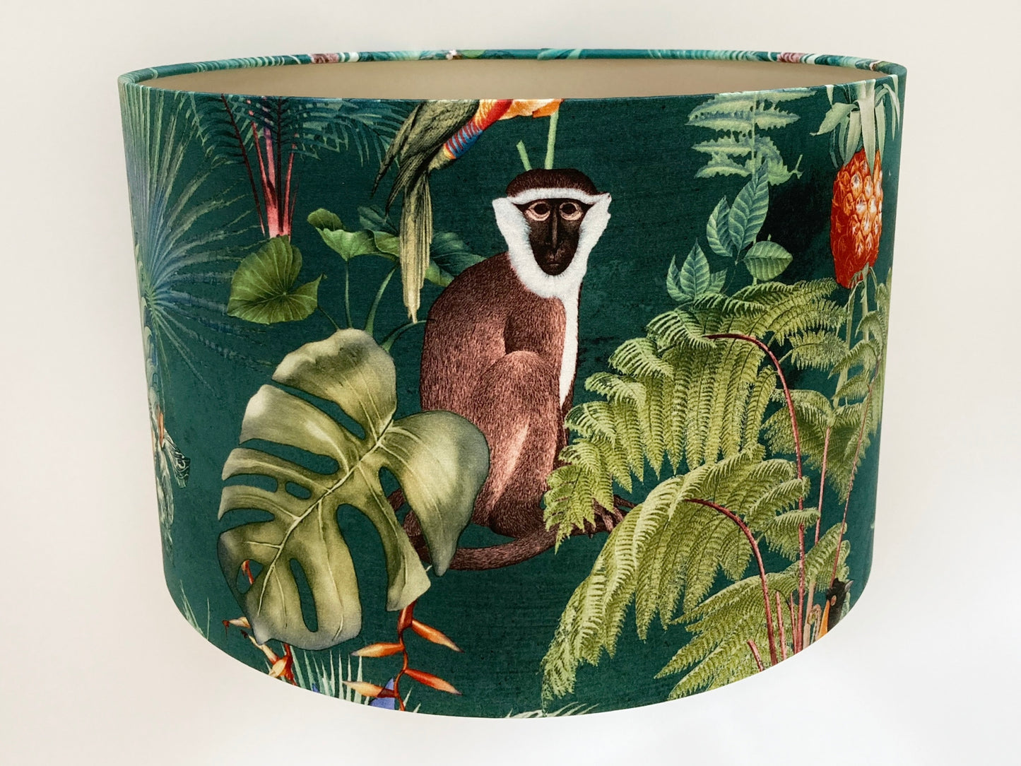 Tropical Teal Fabric Lampshade with Monkeys and Palm Leaves