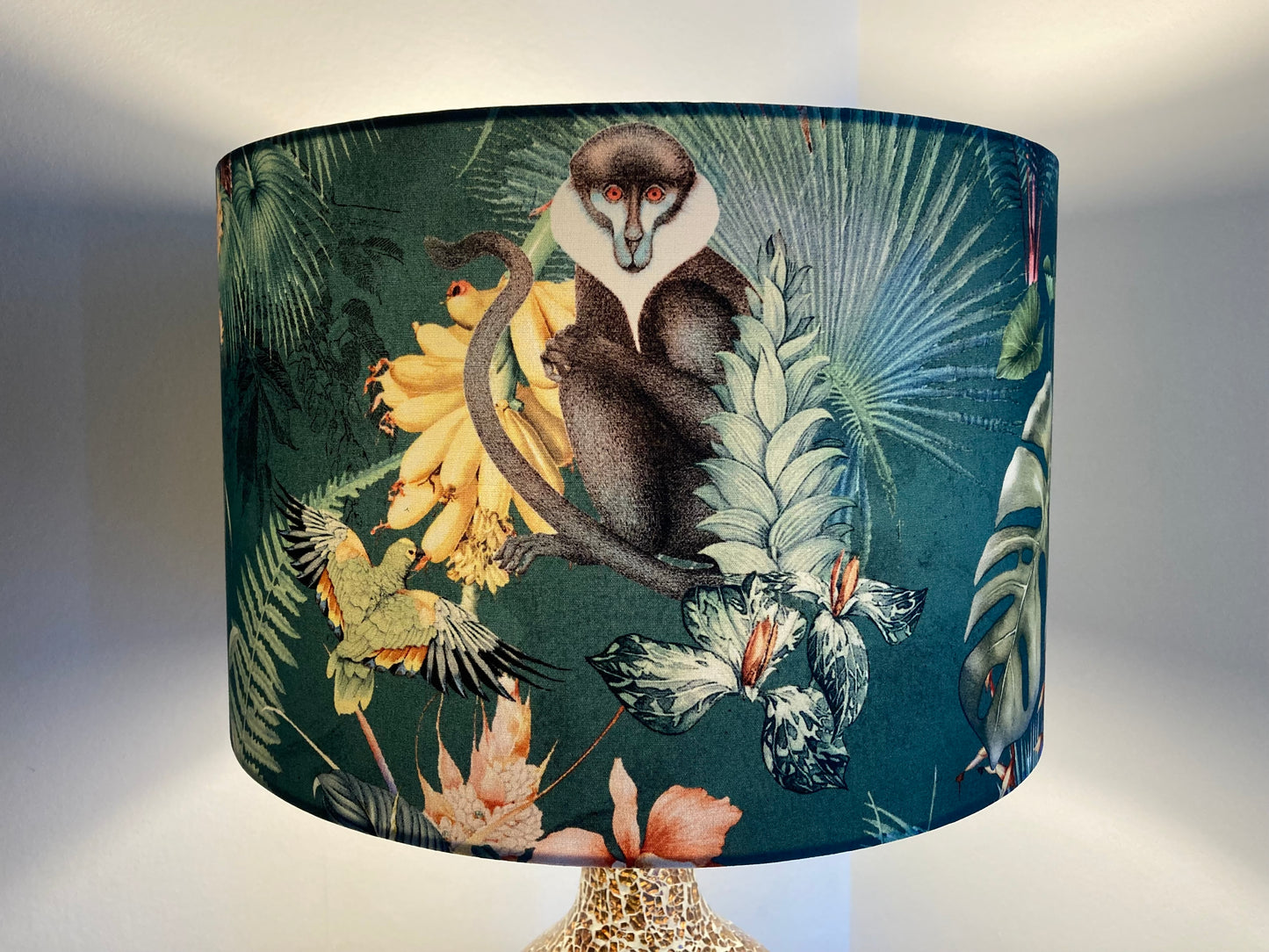 Tropical Teal Fabric Lampshade with Monkeys and Palm Leaves