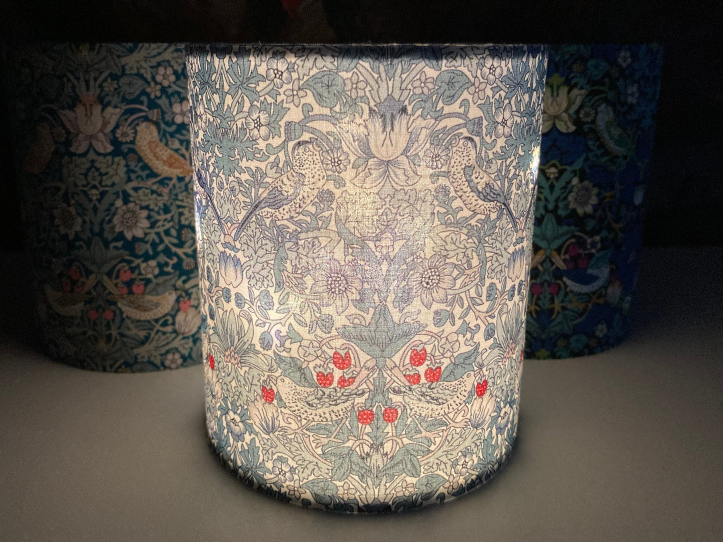 Handmade William Morris Light Blue Strawberry Thief Fabric Lantern with Fairy Lights