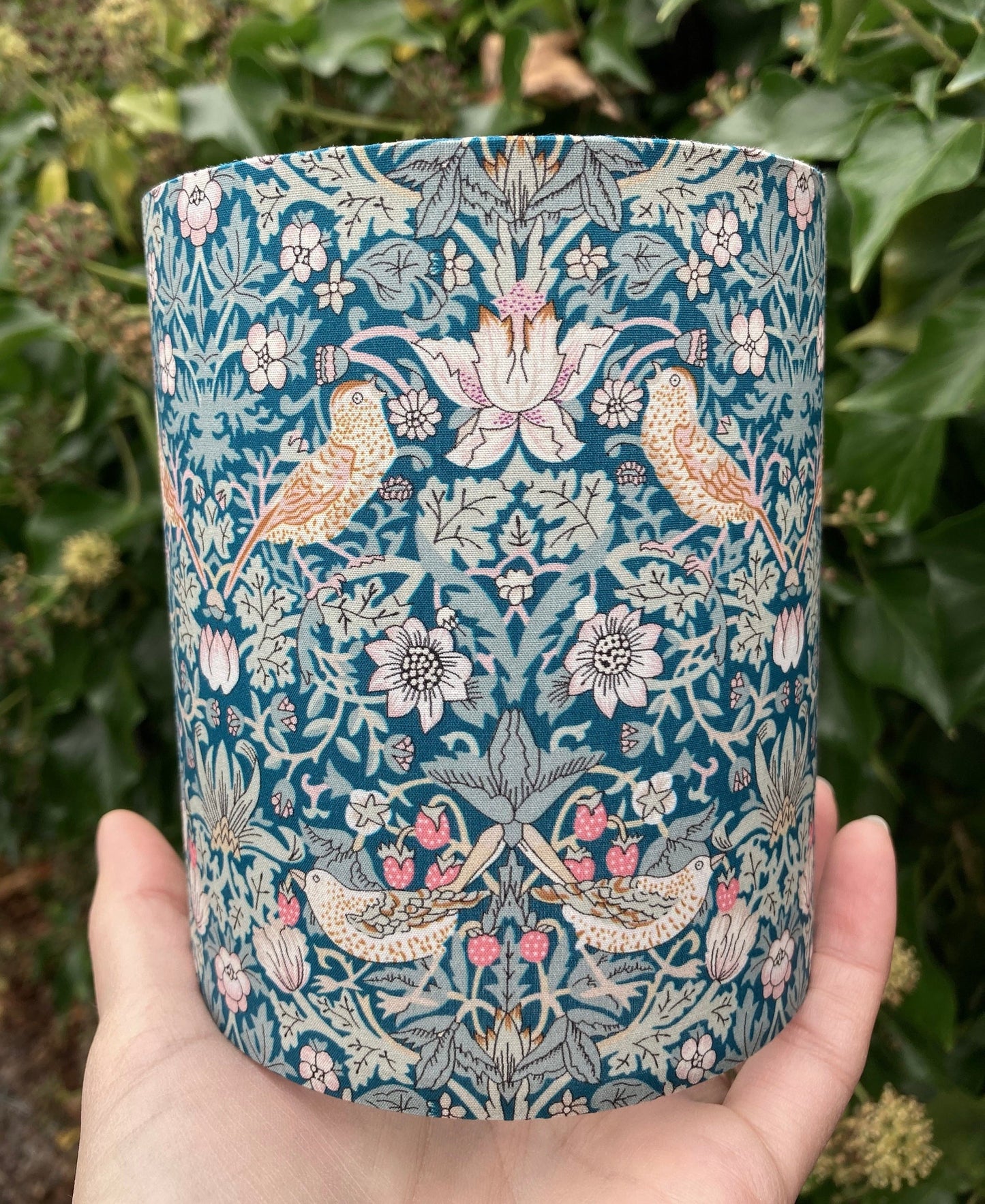 William Morris Teal and Green Strawberry Thief Fabric Handmade Lantern with Fairy Lights