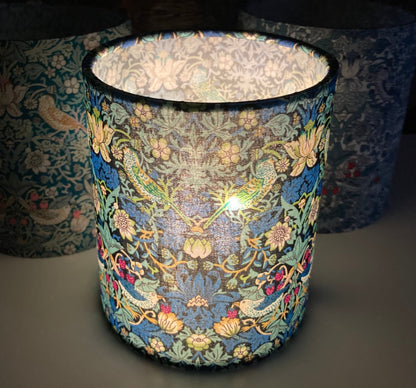 Handmade William Morris Cobalt Blue Strawberry Thief Fabric Lantern with Fairy Lights