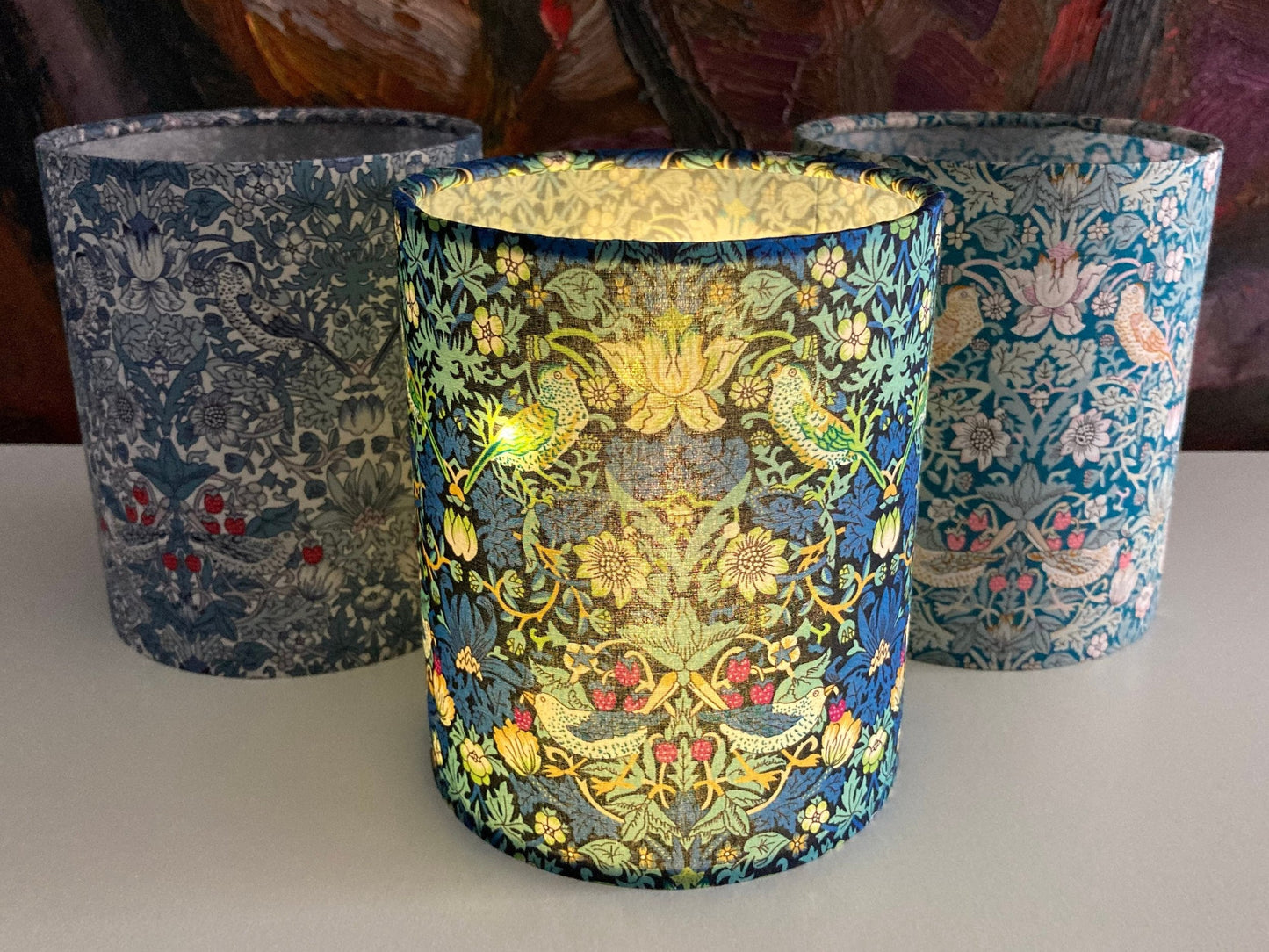 Handmade William Morris Cobalt Blue Strawberry Thief Fabric Lantern with Fairy Lights