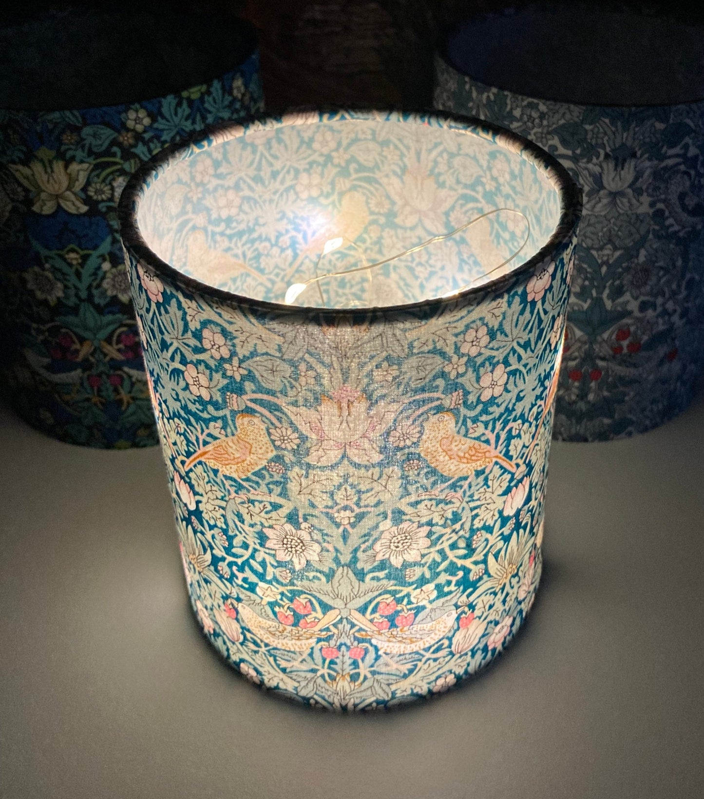 William Morris Teal and Green Strawberry Thief Fabric Handmade Lantern with Fairy Lights