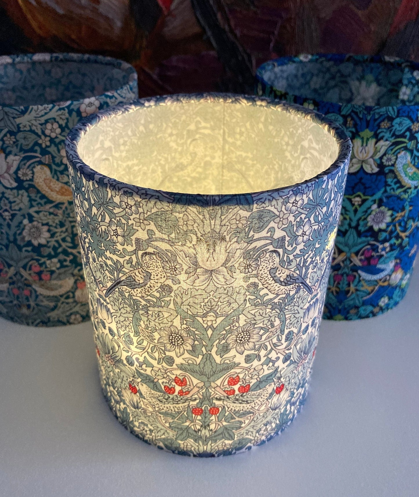 Handmade William Morris Light Blue Strawberry Thief Fabric Lantern with Fairy Lights