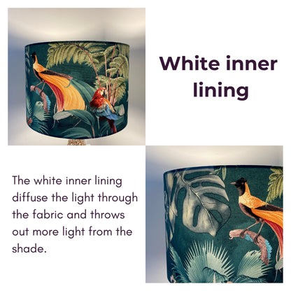 Tropical Teal Fabric Lampshade with Birds and Palm Leaves