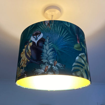 Tropical Teal Fabric Lampshade with Monkeys and Palm Leaves