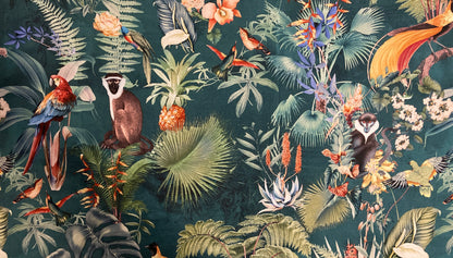 Tropical Teal Fabric Lampshade with Monkeys and Palm Leaves