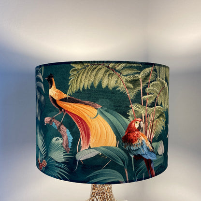 Tropical Teal Fabric Lampshade with Birds and Palm Leaves