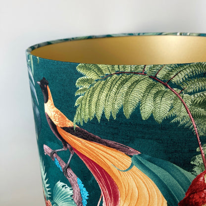 Tropical Teal Fabric Lampshade with Birds and Palm Leaves