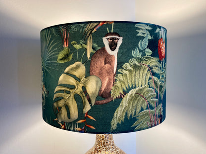 Tropical Teal Fabric Lampshade with Monkeys and Palm Leaves