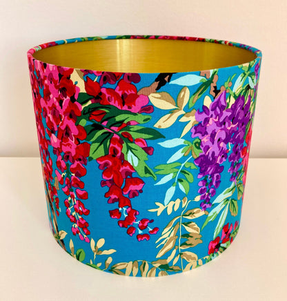 Teal and Pink Wisteria Flower Lampshade, Bright Colourful Kaffe Fassett Drum Lampshade