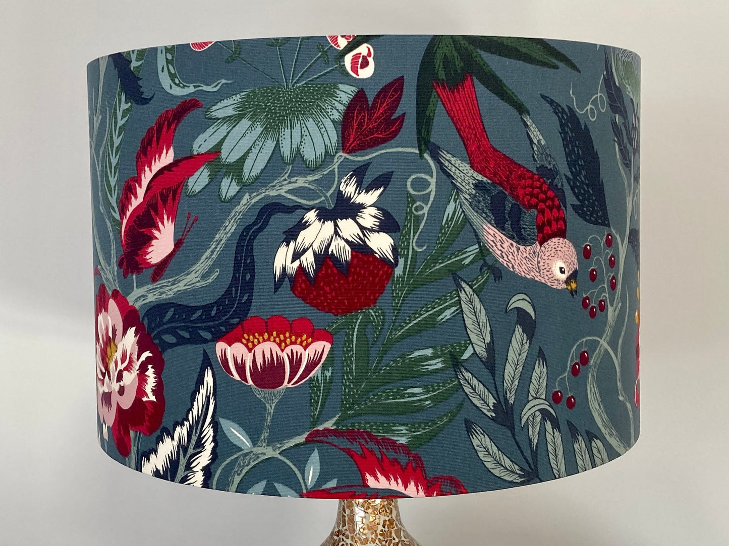 Tropical Botanical Lampshade Bird and Butterfly Grey Floral Fabric New Handmade