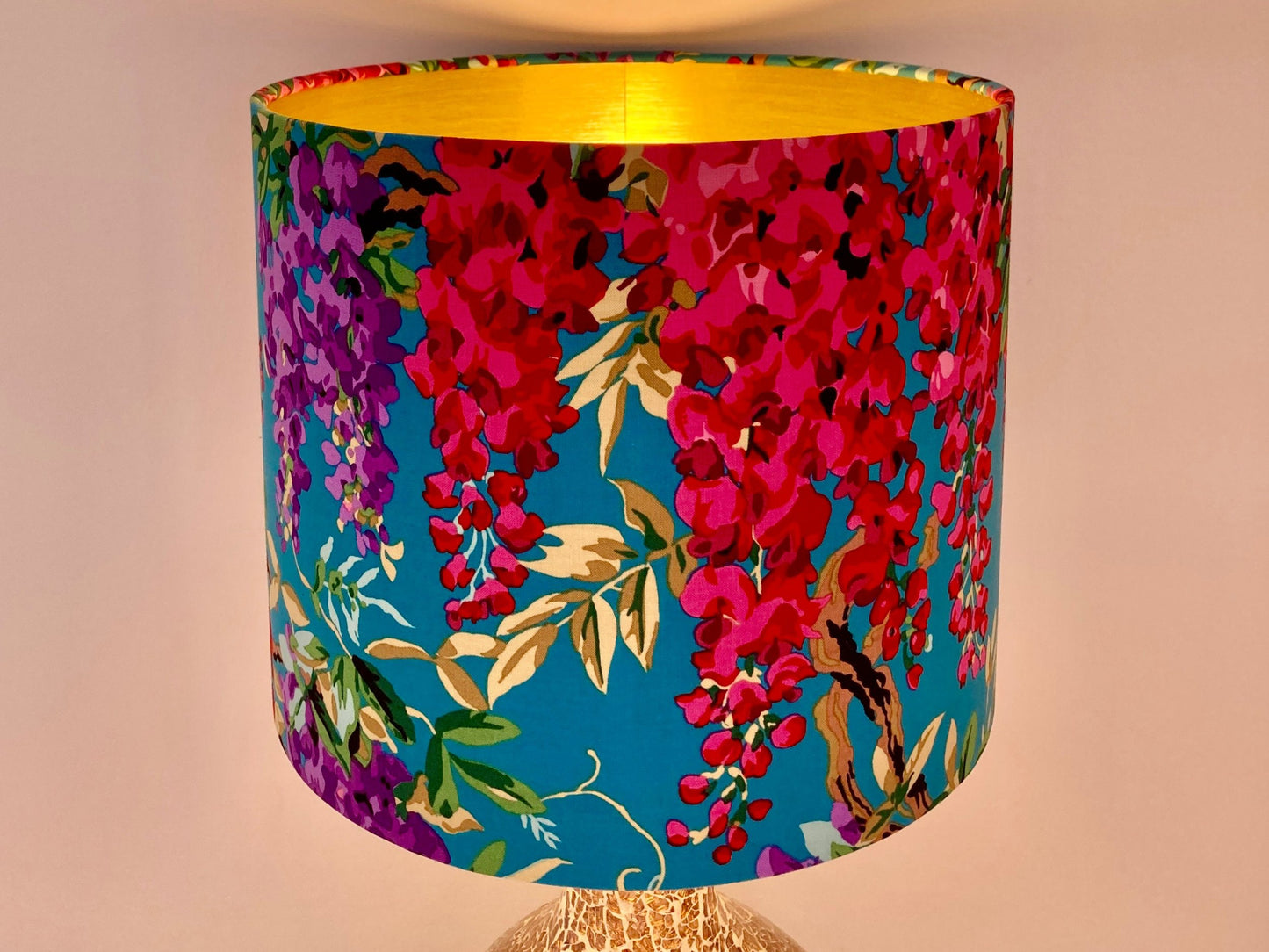 Teal and Pink Wisteria Flower Lampshade, Bright Colourful Kaffe Fassett Drum Lampshade