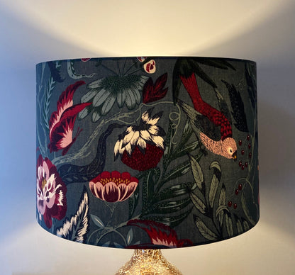 Tropical Botanical Lampshade Bird and Butterfly Grey Floral Fabric New Handmade