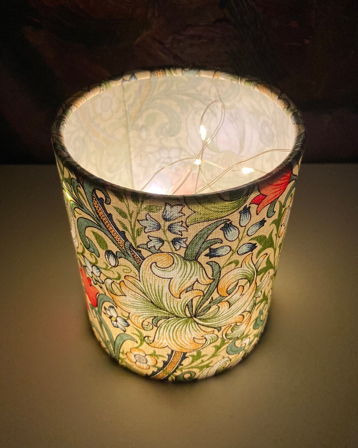 William Morris Golden Lily Fabric Handmade Lantern with Fairy Lights