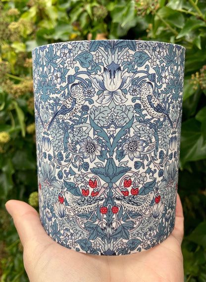 Handmade William Morris Light Blue Strawberry Thief Fabric Lantern with Fairy Lights