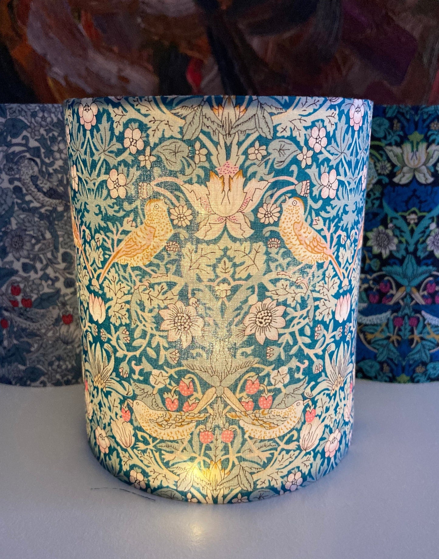 William Morris Teal and Green Strawberry Thief Fabric Handmade Lantern with Fairy Lights
