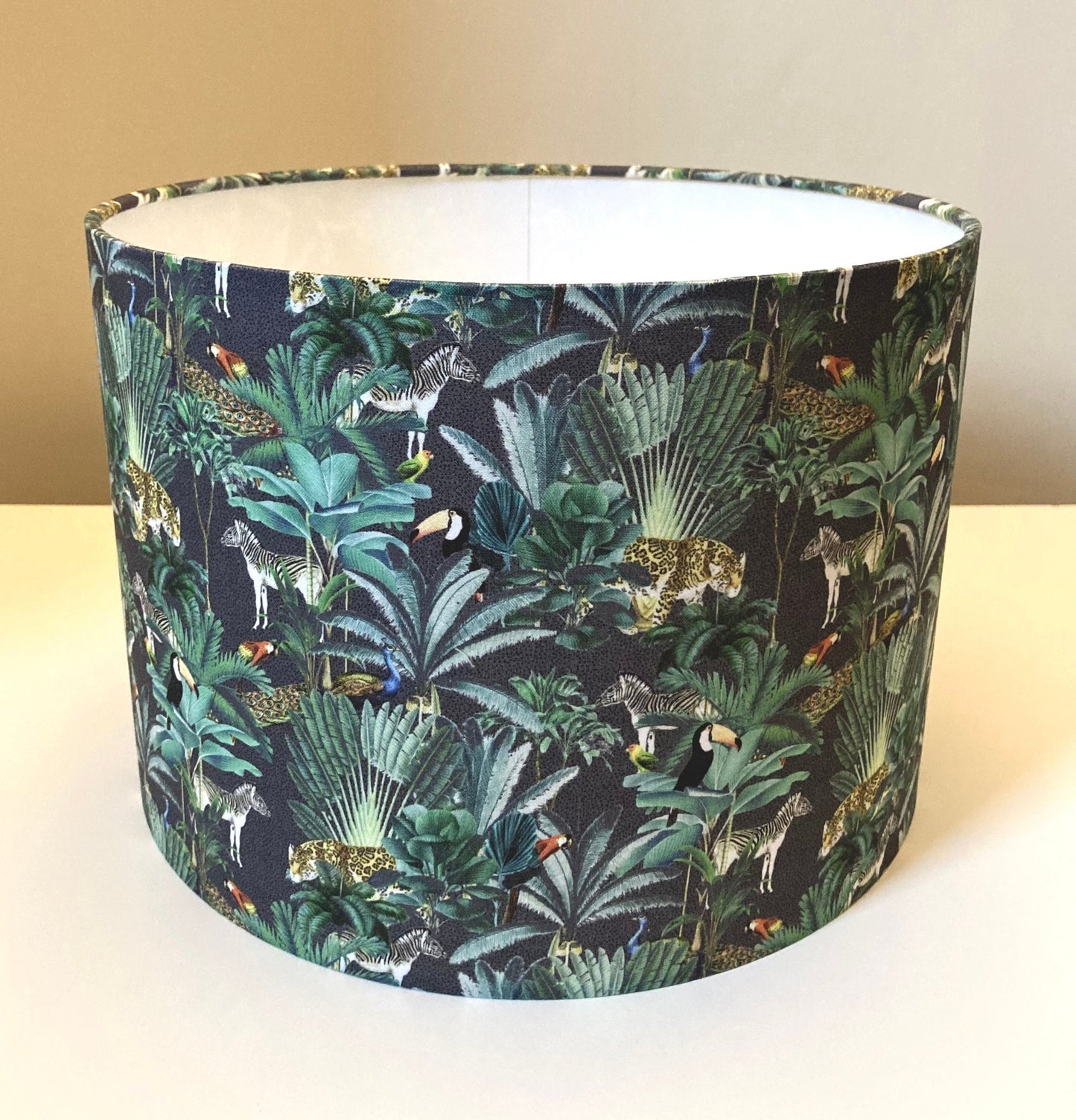 Tropical Drum Lampshade  - Jungle Scenery Animal Print Fabric - Handmade Table or Ceiling Lamp